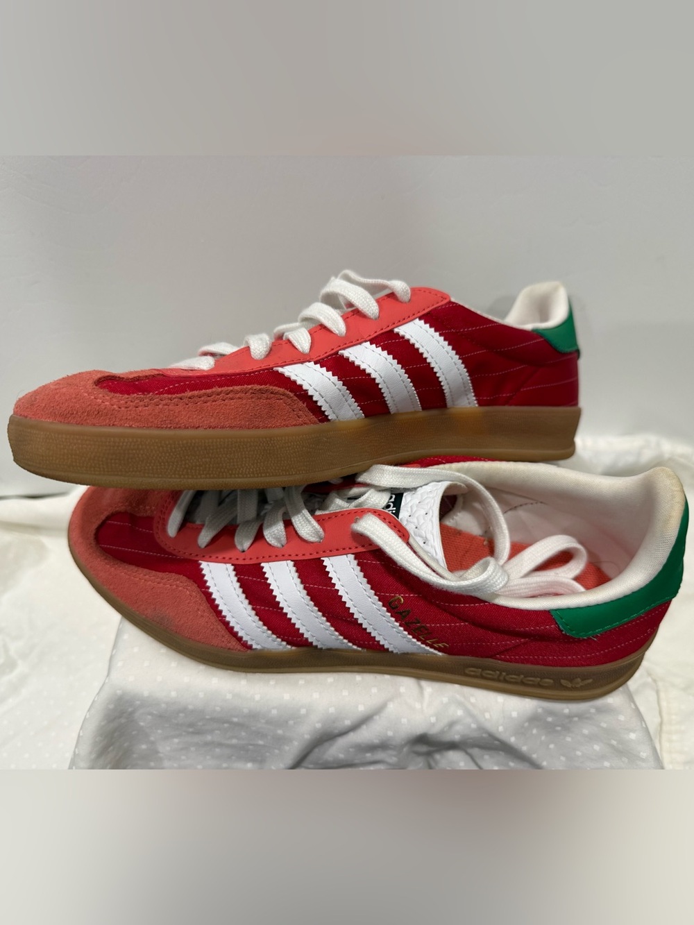 adidas Gazelle Red & Coral Sneakers with White Stripes and Green Heel